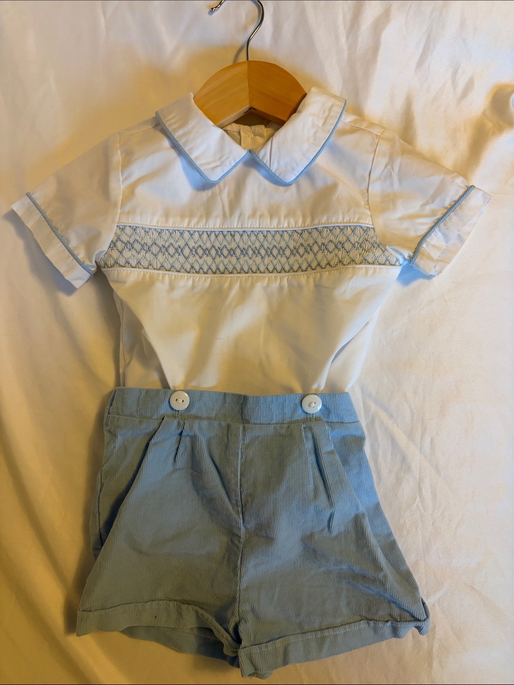 Classic White Top with Light Blue Trim and Light Blue Shorts - Kids Matching Set